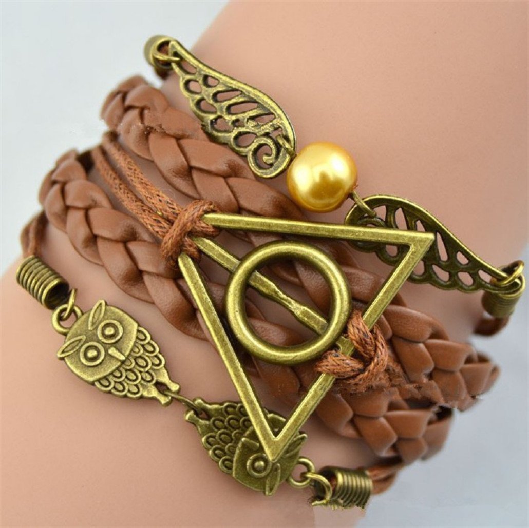 Harry Potter Armband mit Metallanhängern und Leder, Eulen, Schnatz, heiligtümer