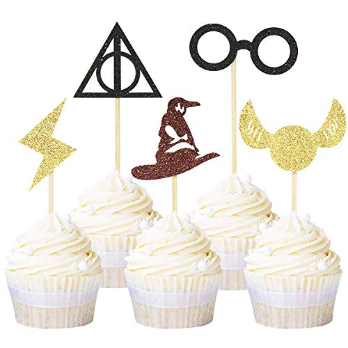Unimall Global 30 Stück Glitter Wizard Cupcake Topper Harry P inspirierte Cake Toppers Wizard Themen Geburtstagsfeier Kuchen Dekoration Zubehör